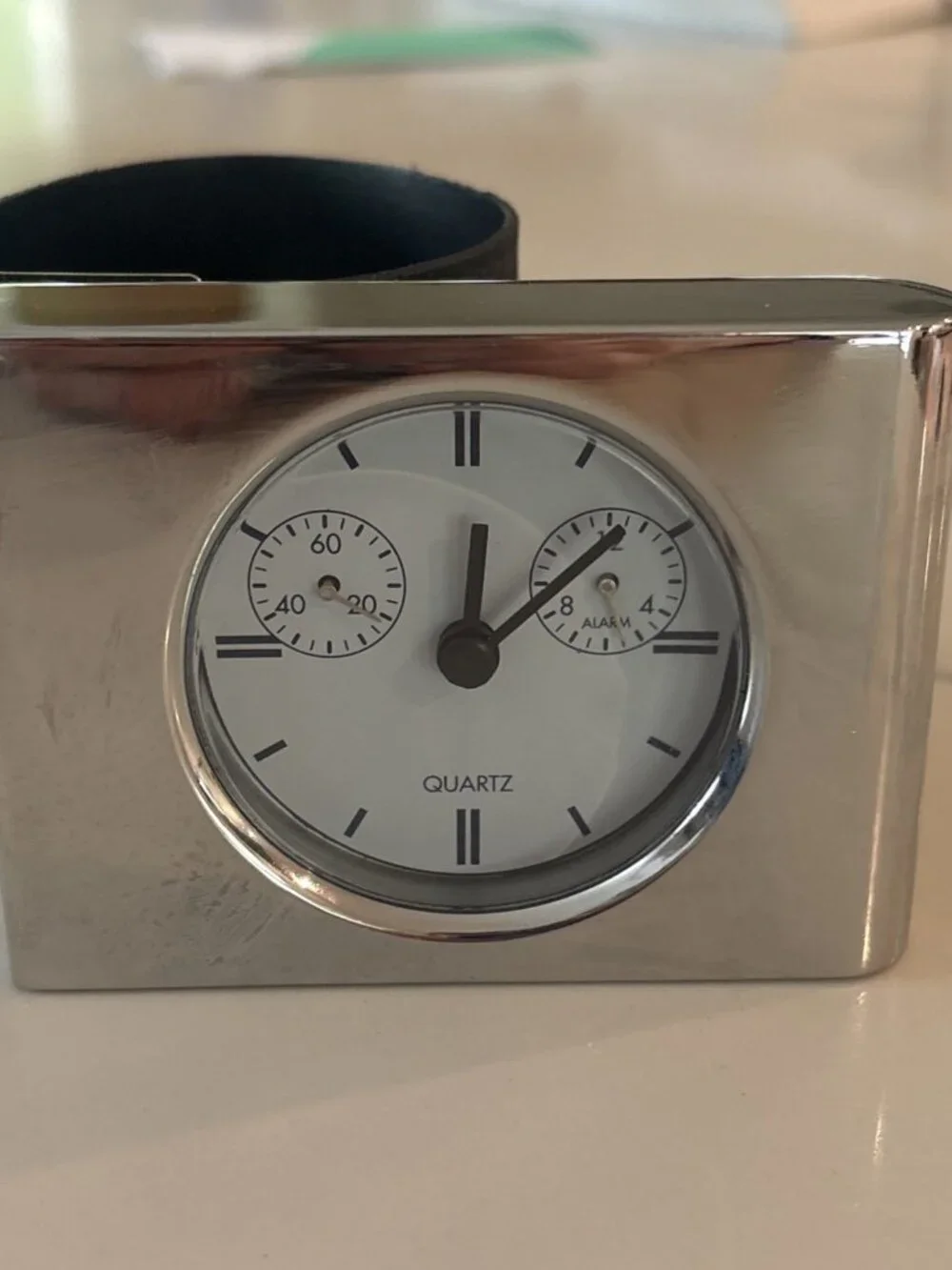 Vintage Marksman Quartz Clock Leather Case Pocket Desk Time Tested & Working!